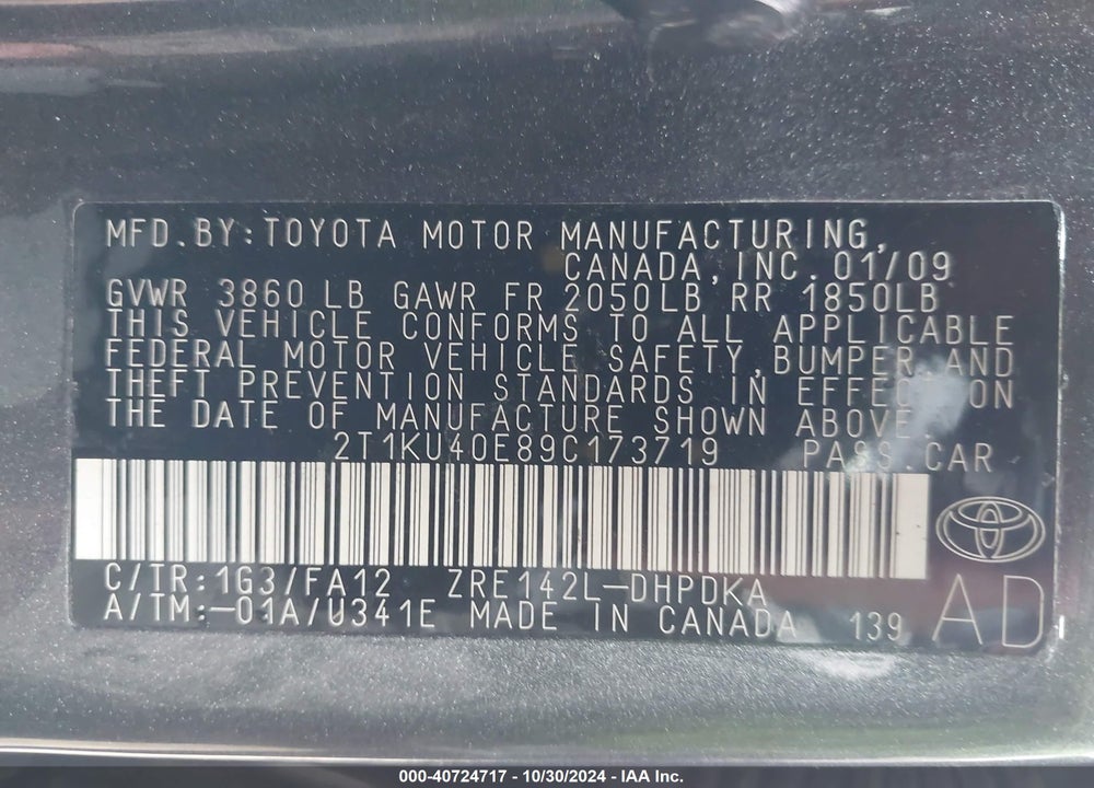 2009 TOYOTA MATRIX VIN: 2T1KU40E89C173719