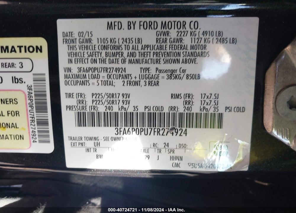 2015 FORD FUSION ENERGI SE LUXURY VIN: 3FA6P0PU7FR274924