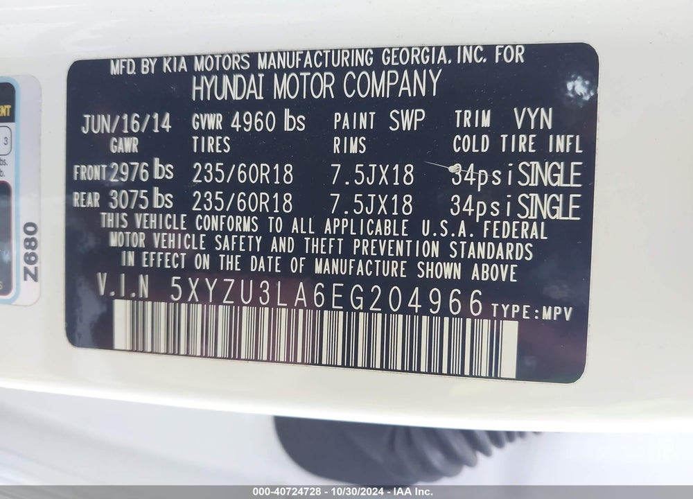 2014 HYUNDAI SANTA FE SPORT VIN: 5XYZU3LA6EG204966