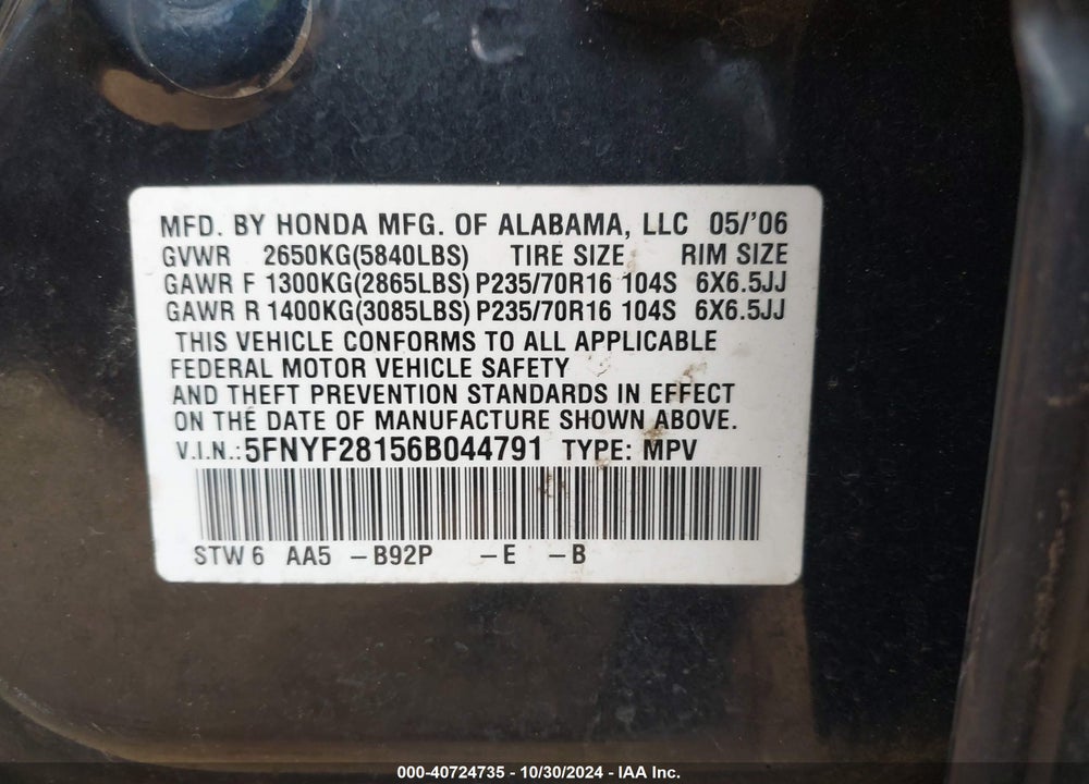 2006 HONDA PILOT LX VIN: 5FNYF28156B044791