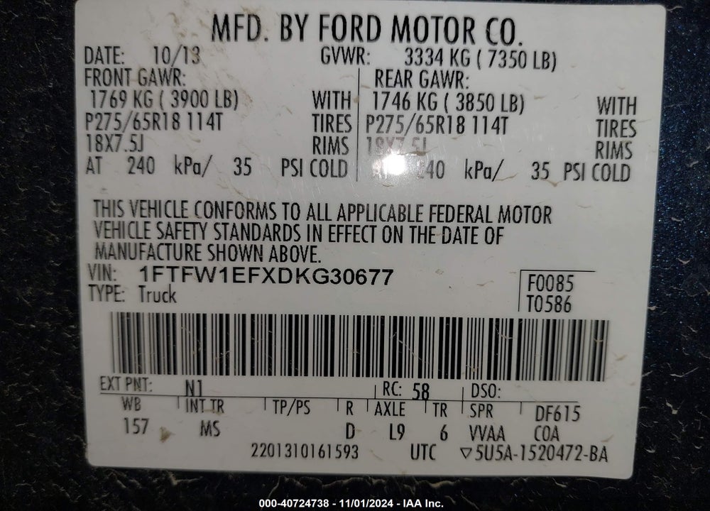 2013 FORD F-150 XLT VIN: 1FTFW1EFXDKG30677