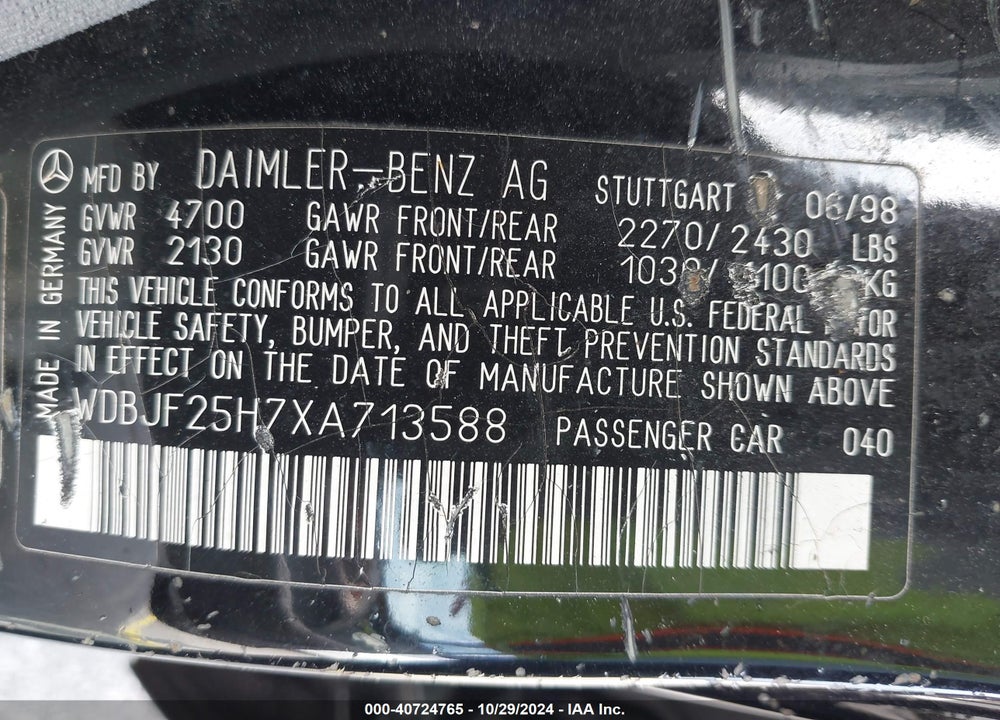 1999 MERCEDES-BENZ E 300 DIESEL VIN: WDBJF25H7XA713588