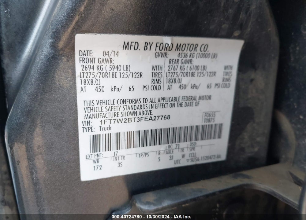 2015 FORD F-250 XLT VIN: 1FT7W2BT3FEA27768