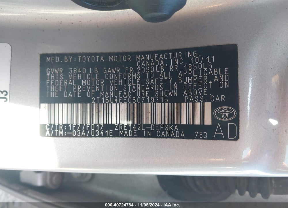 2011 TOYOTA COROLLA S VIN: 2T1BU4EE0BC719315