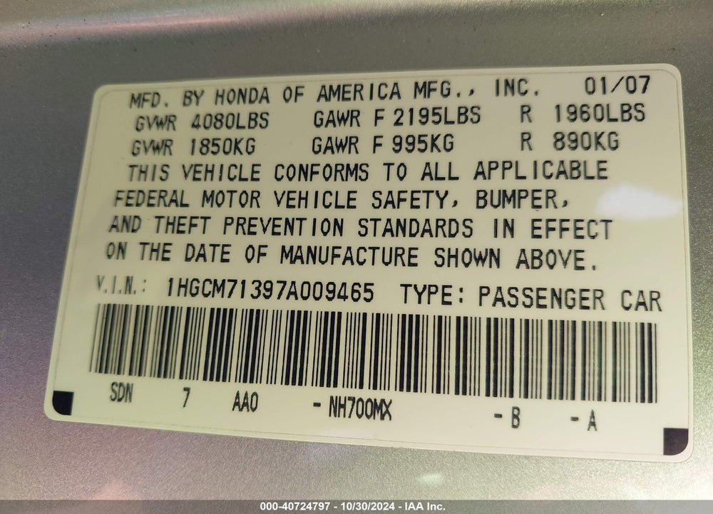 2007 HONDA ACCORD 2.4 LX VIN: 1HGCM71397A009465