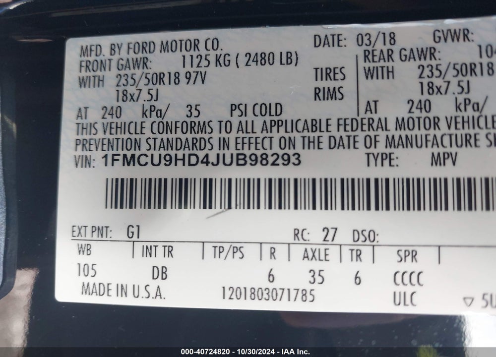 2018 FORD ESCAPE SEL VIN: 1FMCU9HD4JUB98293