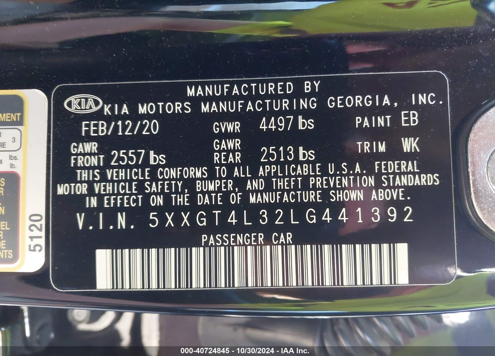 2020 KIA OPTIMA LX VIN: 5XXGT4L32LG441392
