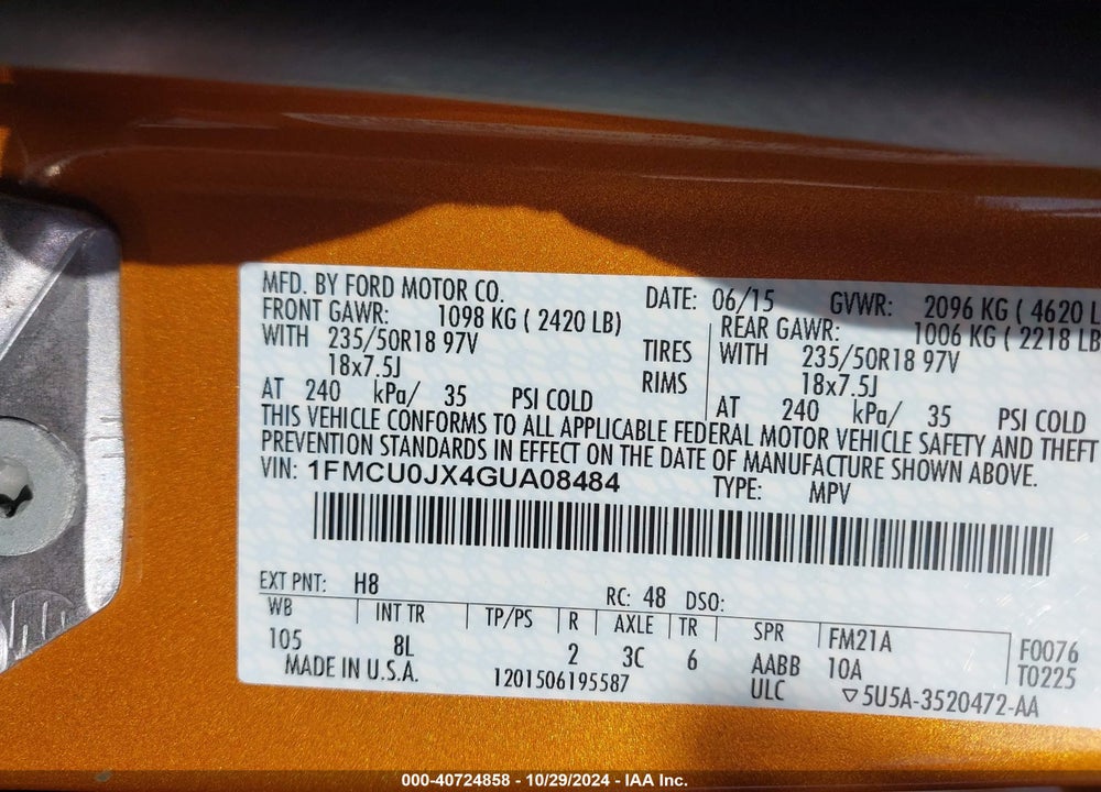 2016 FORD ESCAPE TITANIUM VIN: 1FMCU0JX4GUA08484