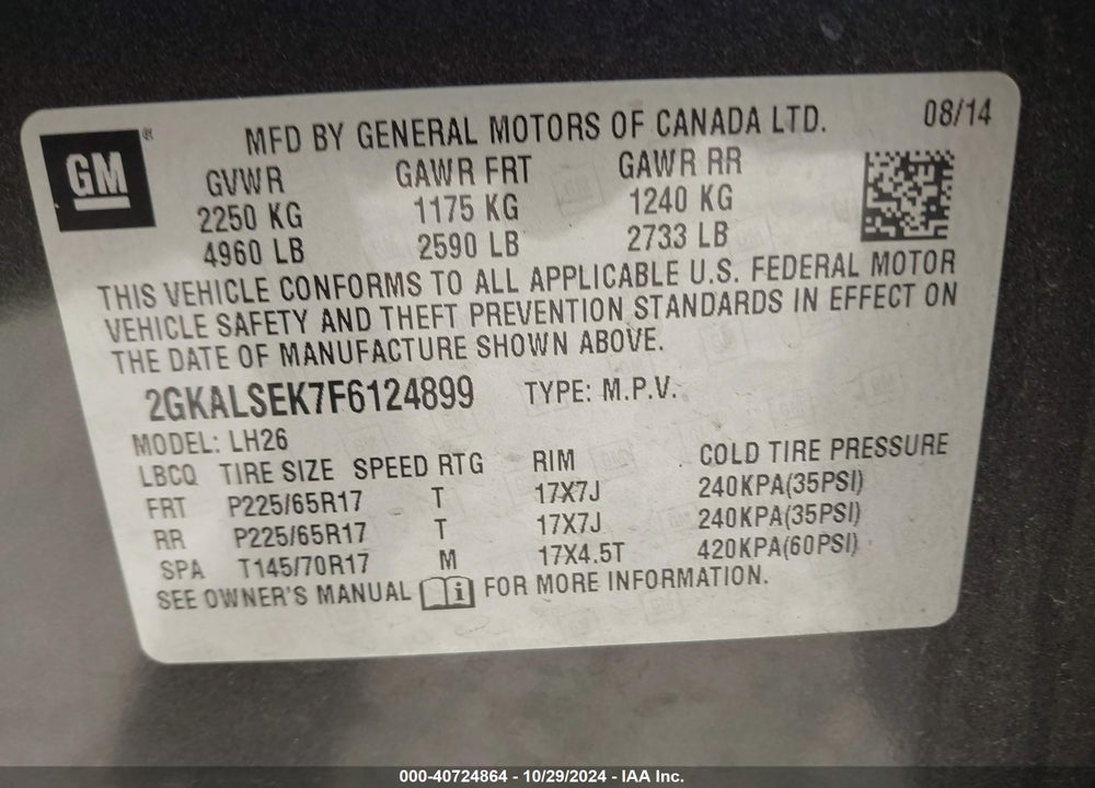 2015 GMC TERRAIN SLT-1 VIN: 2GKALSEK7F6124899