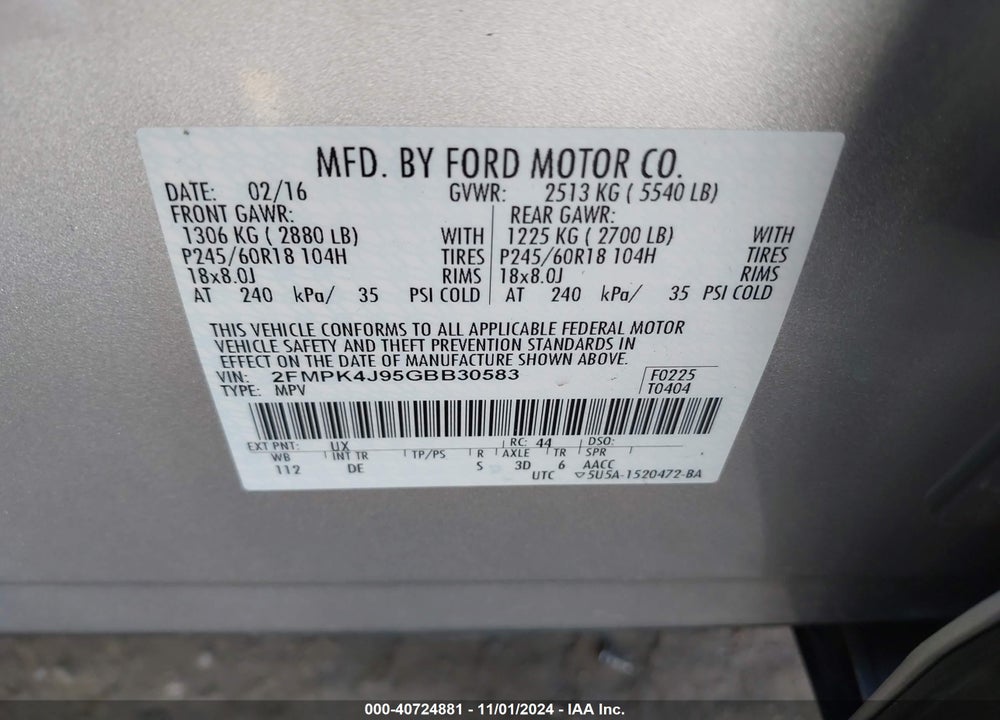 2016 FORD EDGE SEL VIN: 2FMPK4J95GBB30583