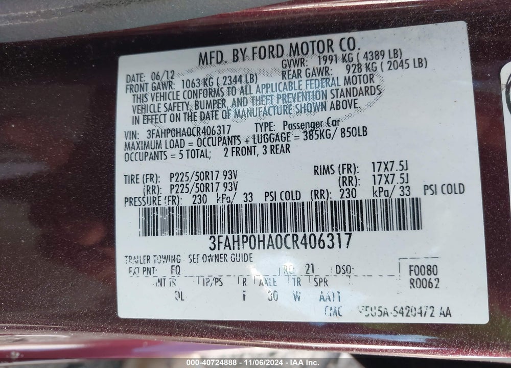 2012 FORD FUSION SE VIN: 3FAHP0HA0CR406317
