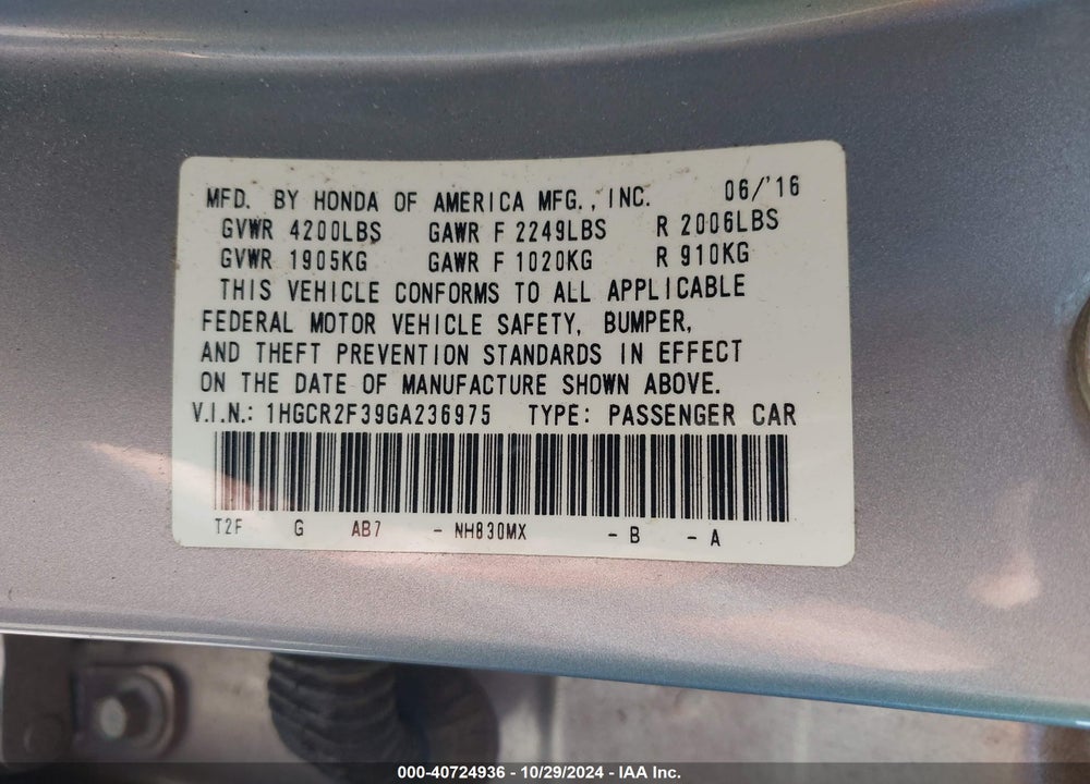 2016 HONDA ACCORD LX VIN: 1HGCR2F39GA236975