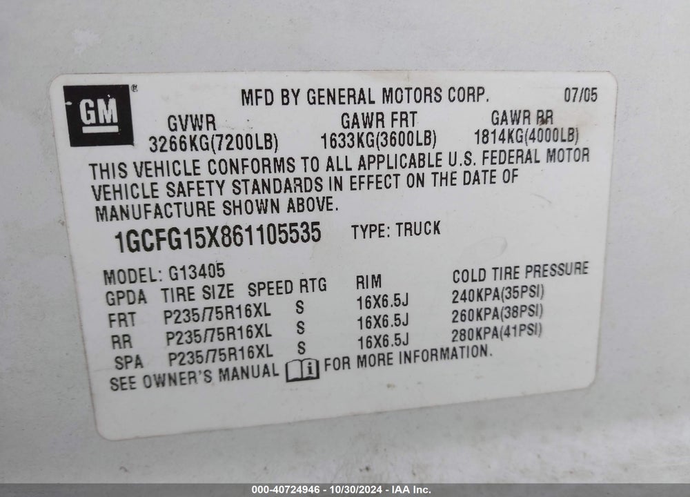 2006 CHEVROLET EXPRESS WORK VAN VIN: 1GCFG15X861105535