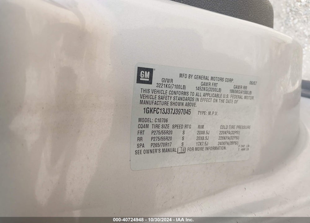 2007 GMC YUKON SLT VIN: 1GKFC13J37J397045