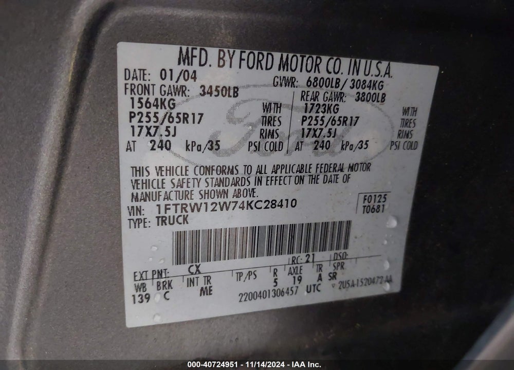2004 FORD F-150 XLT VIN: 1FTRW12W74KC28410