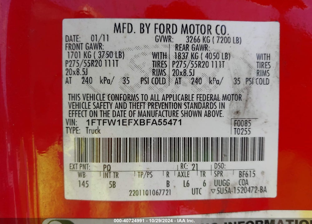2011 FORD F-150 FX4 VIN: 1FTFW1EFXBFA55471