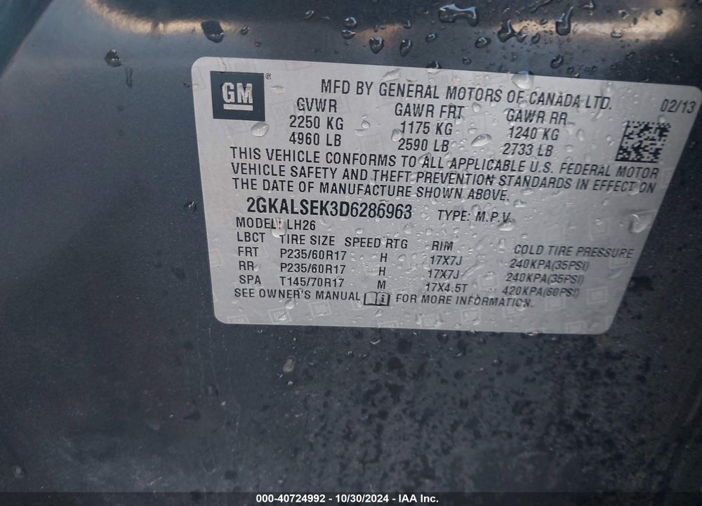 2013 GMC TERRAIN SLE-2 VIN: 2GKALSEK3D6286963
