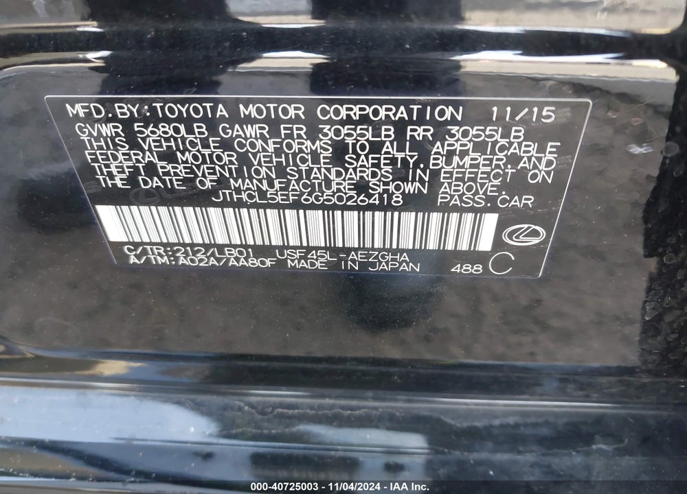 2016 LEXUS LS 460 VIN: JTHCL5EF6G5026418