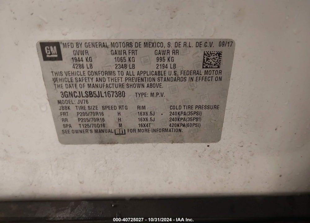 2018 CHEVROLET TRAX LT VIN: 3GNCJLSB5JL167380