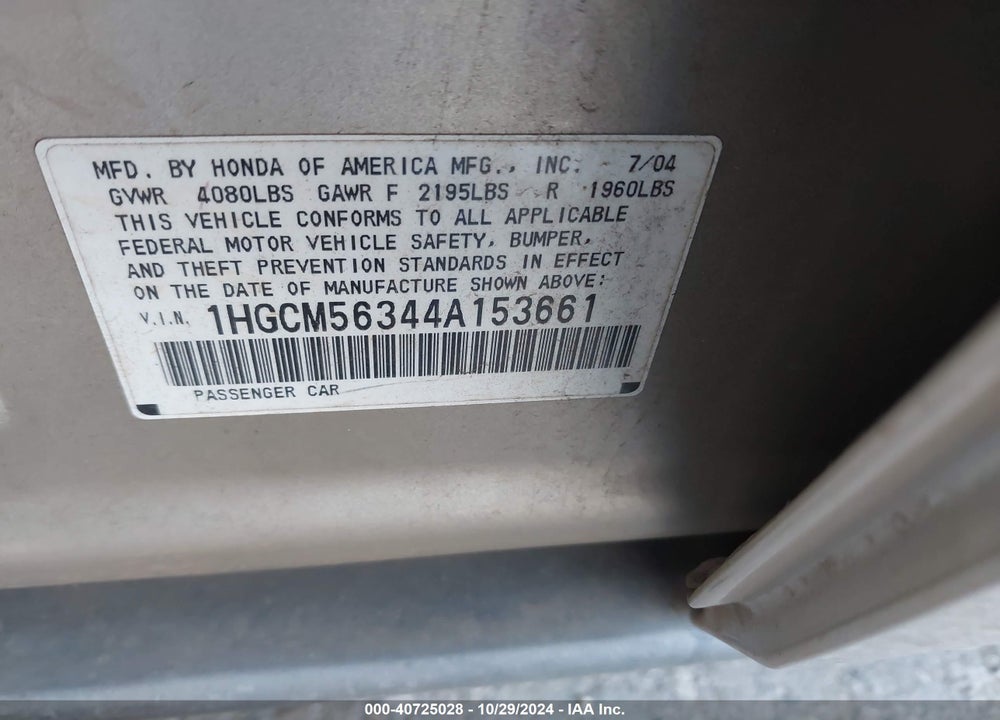 2004 HONDA ACCORD SDN LX VIN: 1HGCM56344A153661