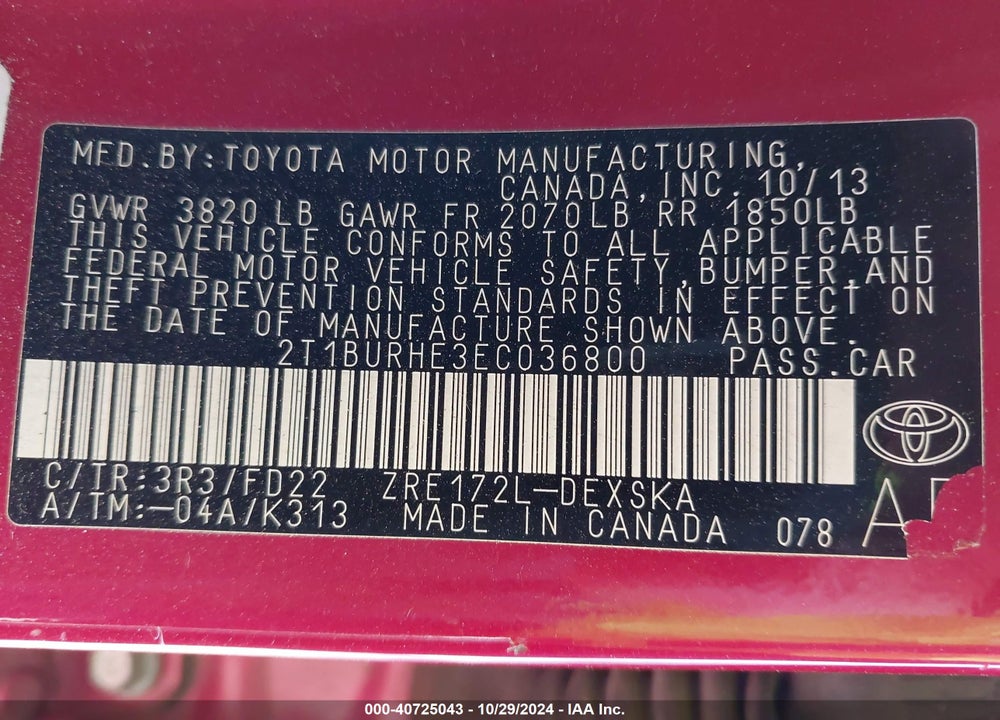 2014 TOYOTA COROLLA S PLUS VIN: 2T1BURHE3EC036800