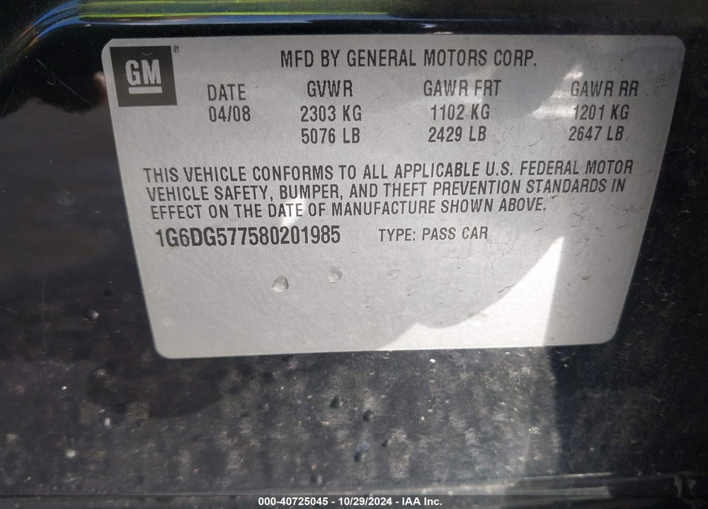 2008 CADILLAC CTS STANDARD VIN: 1G6DG577580201985