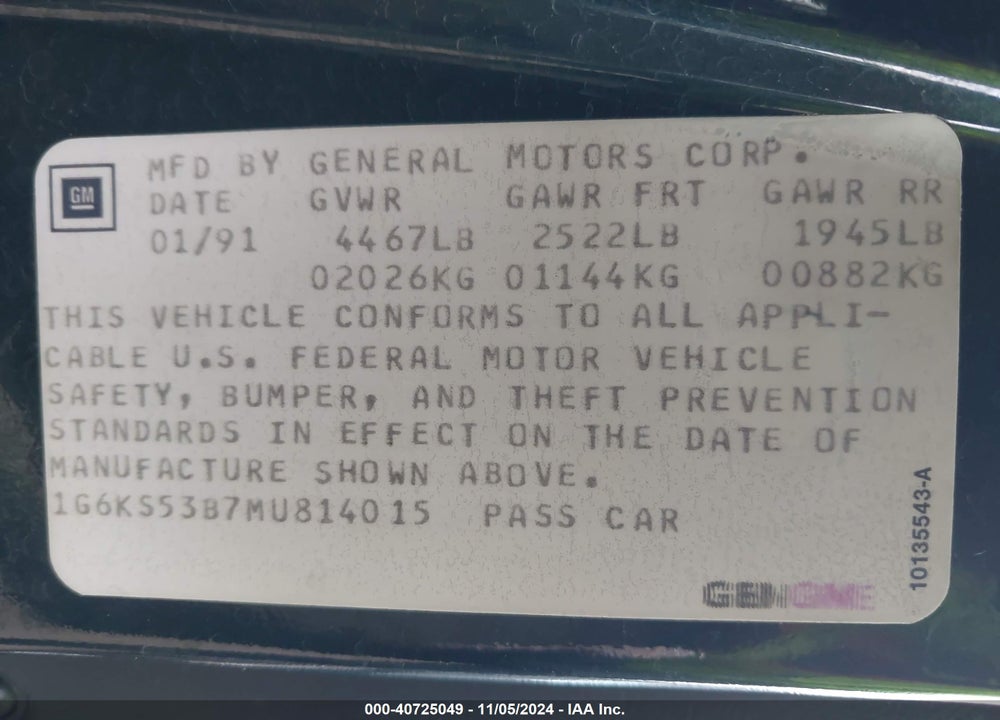 1991 CADILLAC SEVILLE VIN: 1G6KS53B7MU814015