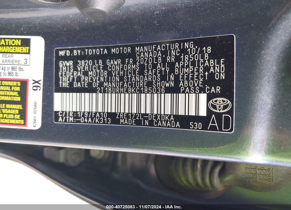 2019 TOYOTA COROLLA L VIN: 2T1BURHE8KC185036