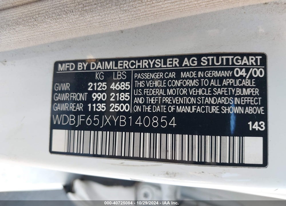 2000 MERCEDES-BENZ E 320 VIN: WDBJF65JXYB140854