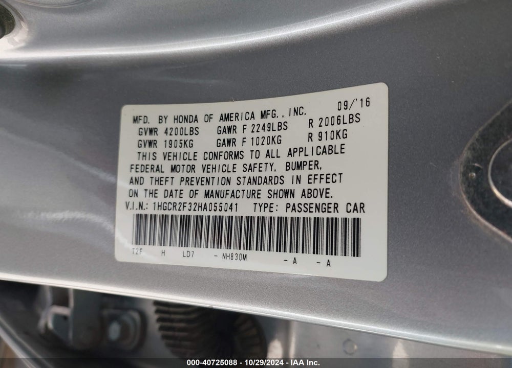 2017 HONDA ACCORD LX VIN: 1HGCR2F32HA055041
