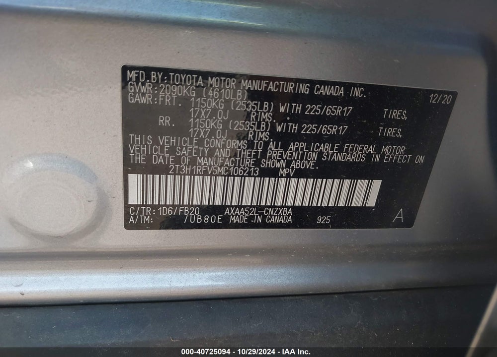 2021 TOYOTA RAV4 LE VIN: 2T3H1RFV5MC106213