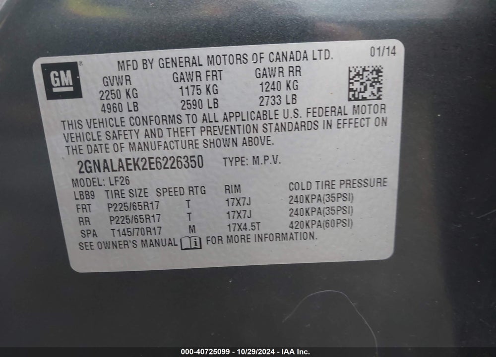 2014 CHEVROLET EQUINOX LS VIN: 2GNALAEK2E6226350