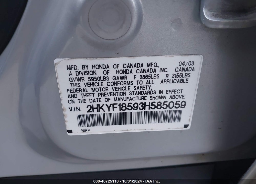 2003 HONDA PILOT EX-L VIN: 2HKYF18593H585059