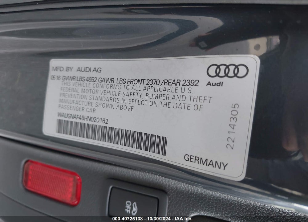 2017 AUDI A4 2.0T PREMIUM VIN: WAUGNAF49HN020162