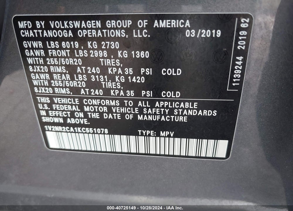 2019 VOLKSWAGEN ATLAS 3.6L V6 SEL PREMIUM VIN: 1V2NR2CA1KC551078