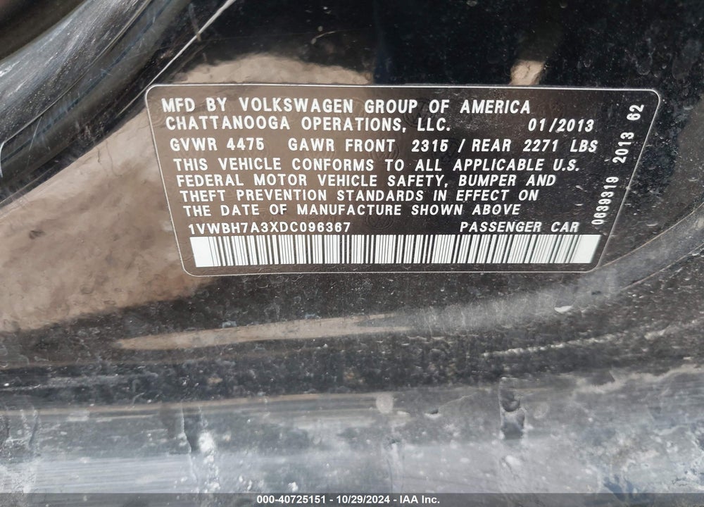 2013 VOLKSWAGEN PASSAT 2.5L SE VIN: 1VWBH7A3XDC096367