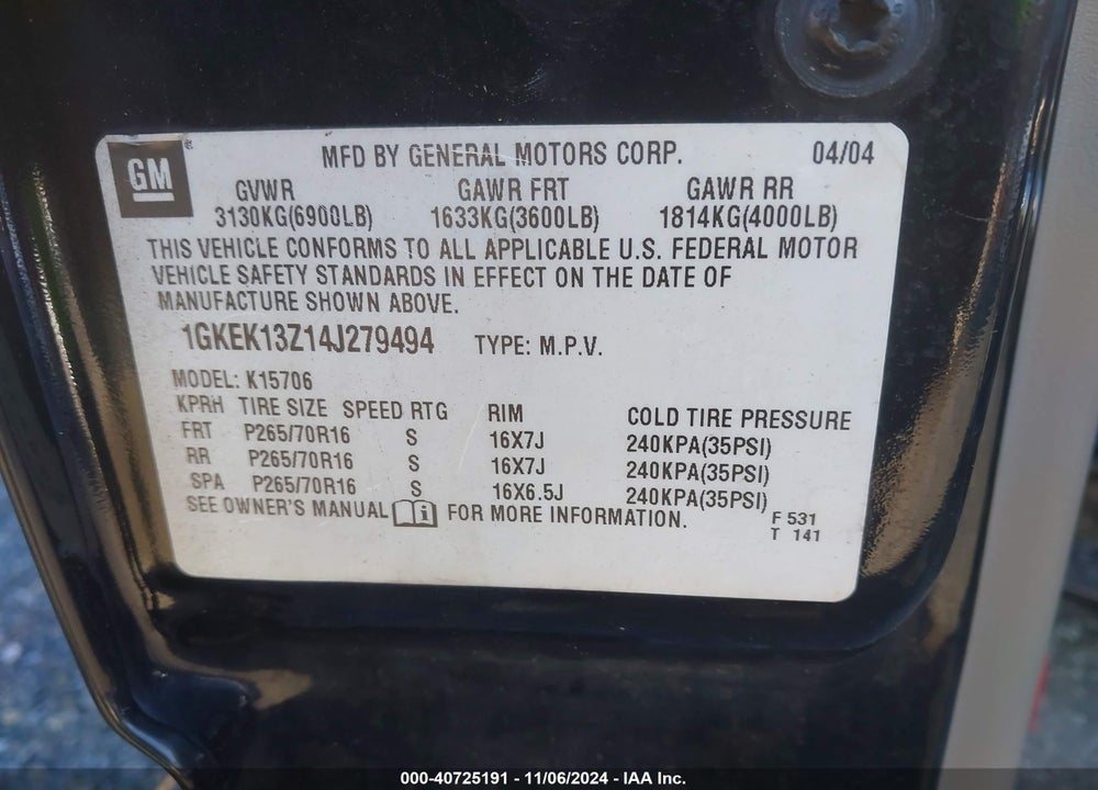 2004 GMC YUKON SLE VIN: 1GKEK13Z14J279494
