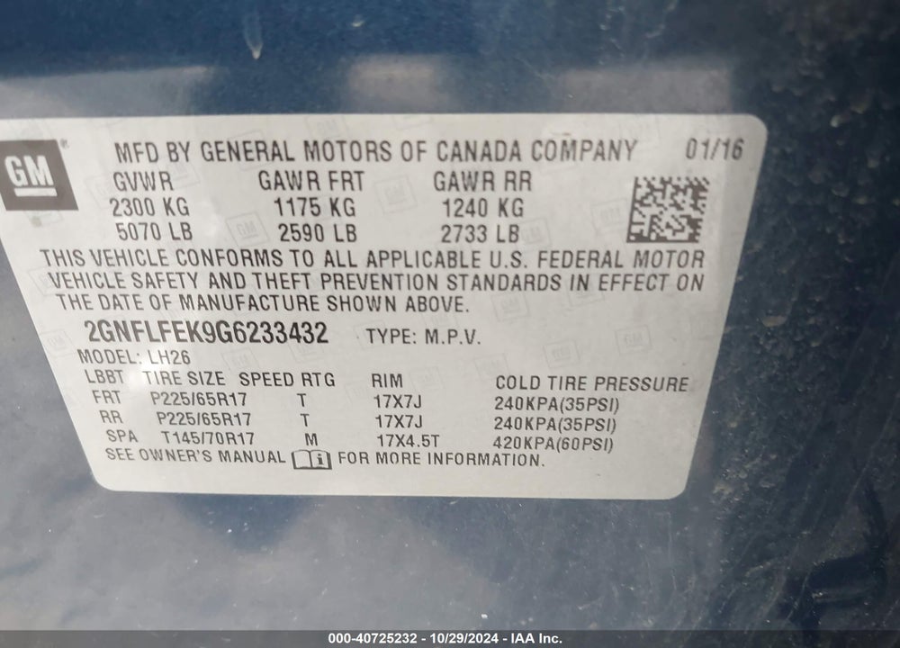 2016 CHEVROLET EQUINOX LT VIN: 2GNFLFEK9G6233432