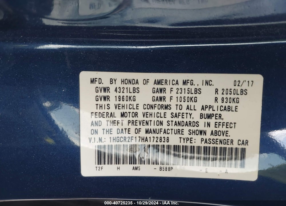2017 HONDA ACCORD SPORT SE VIN: 1HGCR2F17HA172838