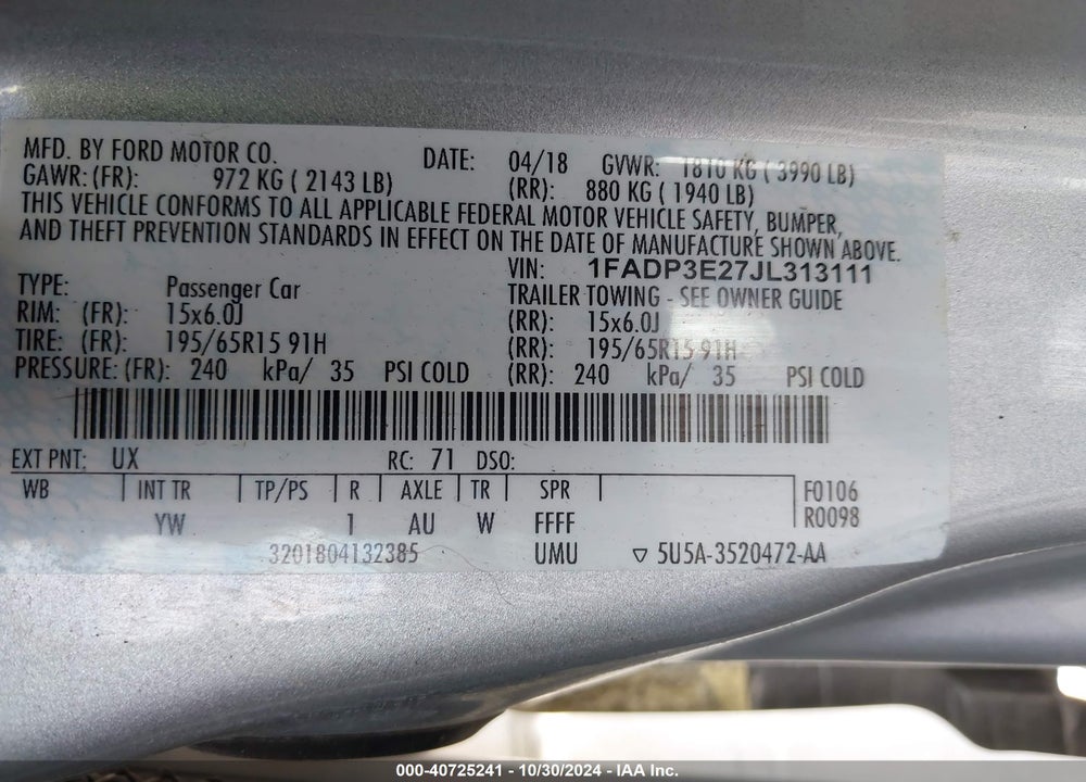2018 FORD FOCUS S VIN: 1FADP3E27JL313111