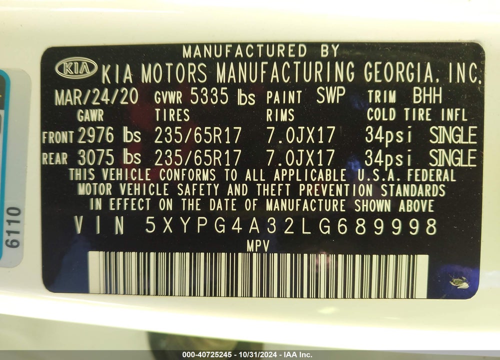 2020 KIA SORENTO 2.4L LX VIN: 5XYPG4A32LG689998