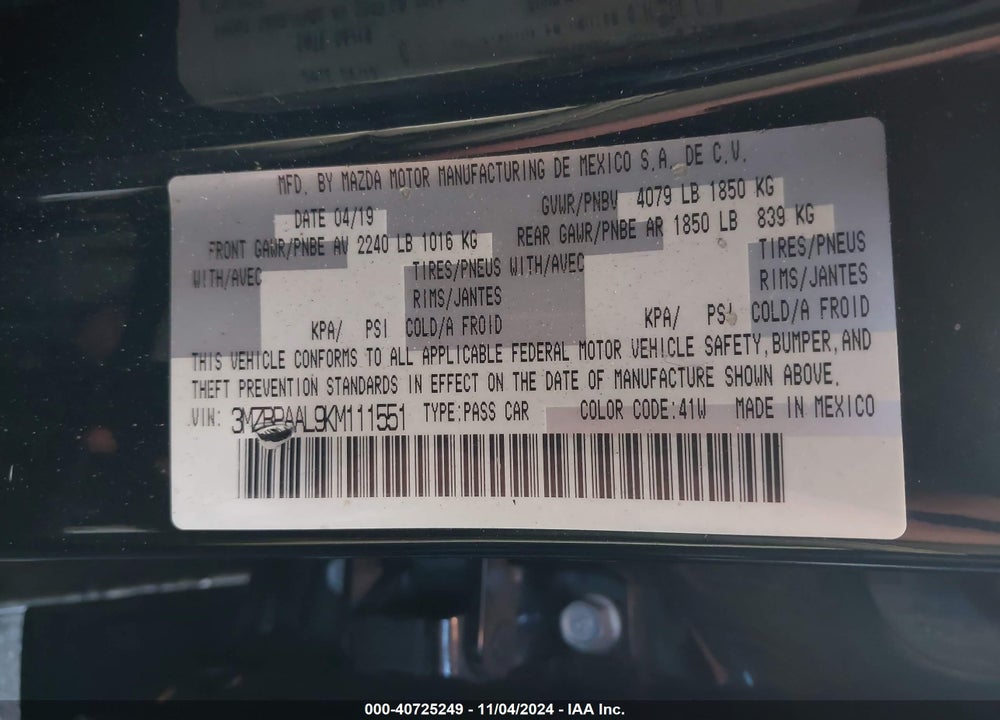 2019 MAZDA 3 SELECT PACKAGE VIN: 3MZBPAAL9KM111551
