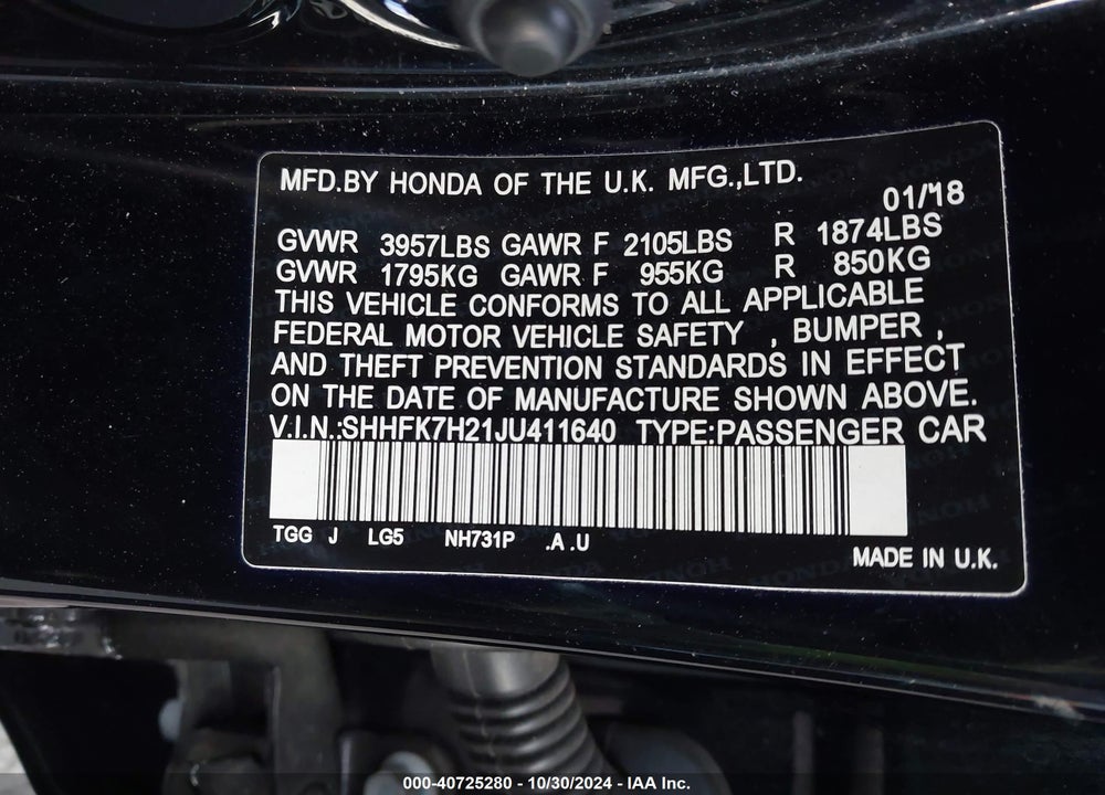 2018 HONDA CIVIC LX VIN: SHHFK7H21JU411640