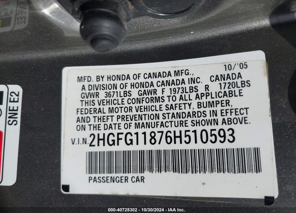 2006 HONDA CIVIC EX VIN: 2HGFG11876H510593