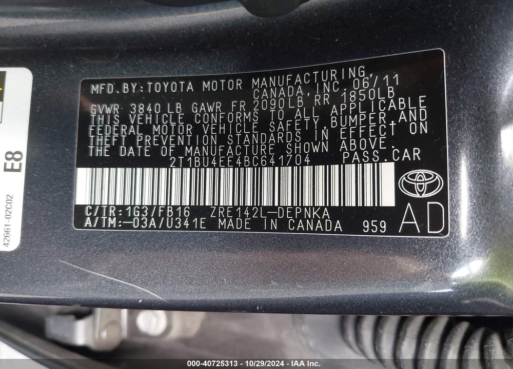 2011 TOYOTA COROLLA LE VIN: 2T1BU4EE4BC641704