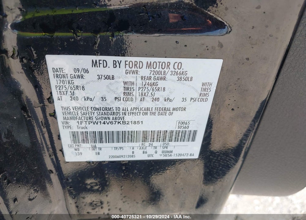2007 FORD F-150 VIN: 1FTPW14V67KB21851