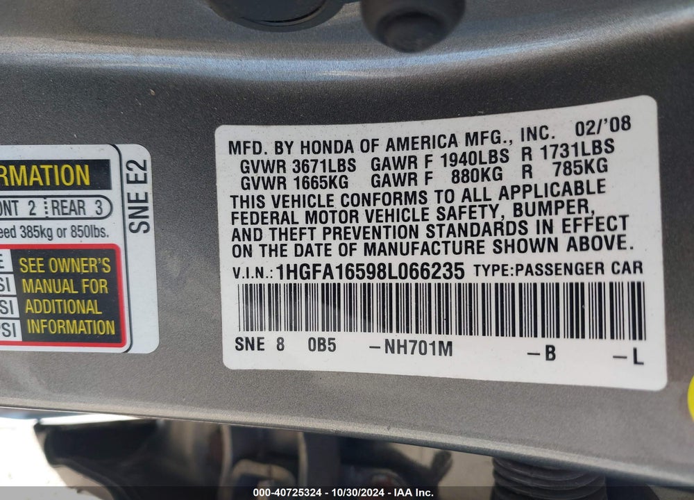 2008 HONDA CIVIC LX VIN: 1HGFA16598L066235
