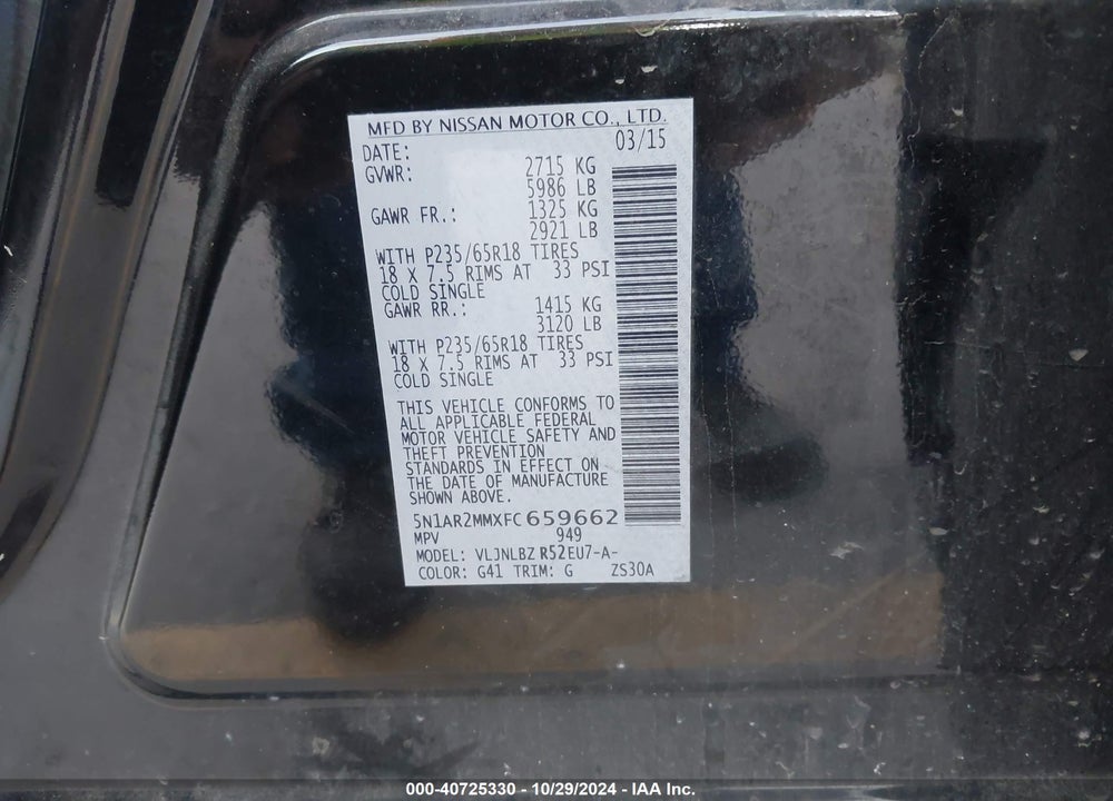 2015 NISSAN PATHFINDER S VIN: 5N1AR2MMXFC659662