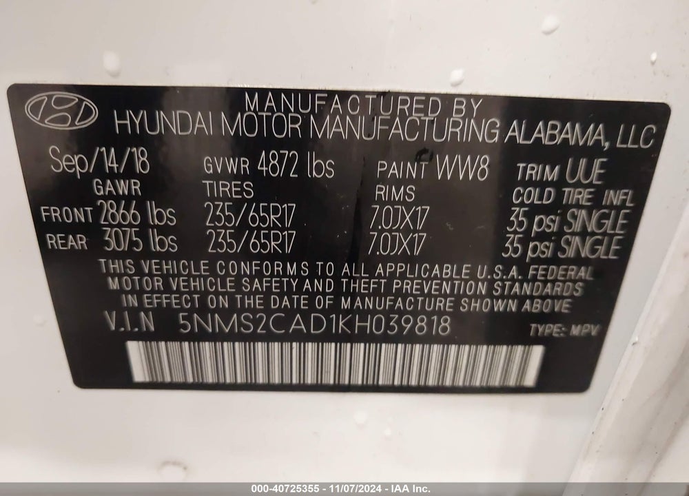 2019 HYUNDAI SANTA FE SE VIN: 5NMS2CAD1KH039818