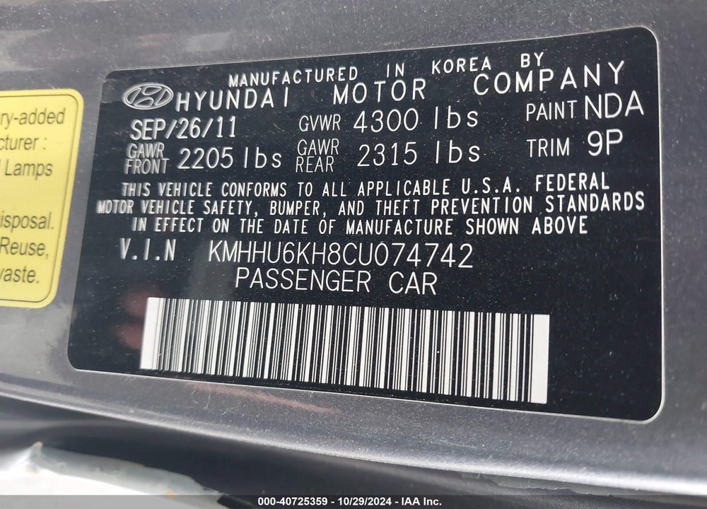 2012 HYUNDAI GENESIS 3.8 GRAND TOURING VIN: KMHHU6KH8CU074742